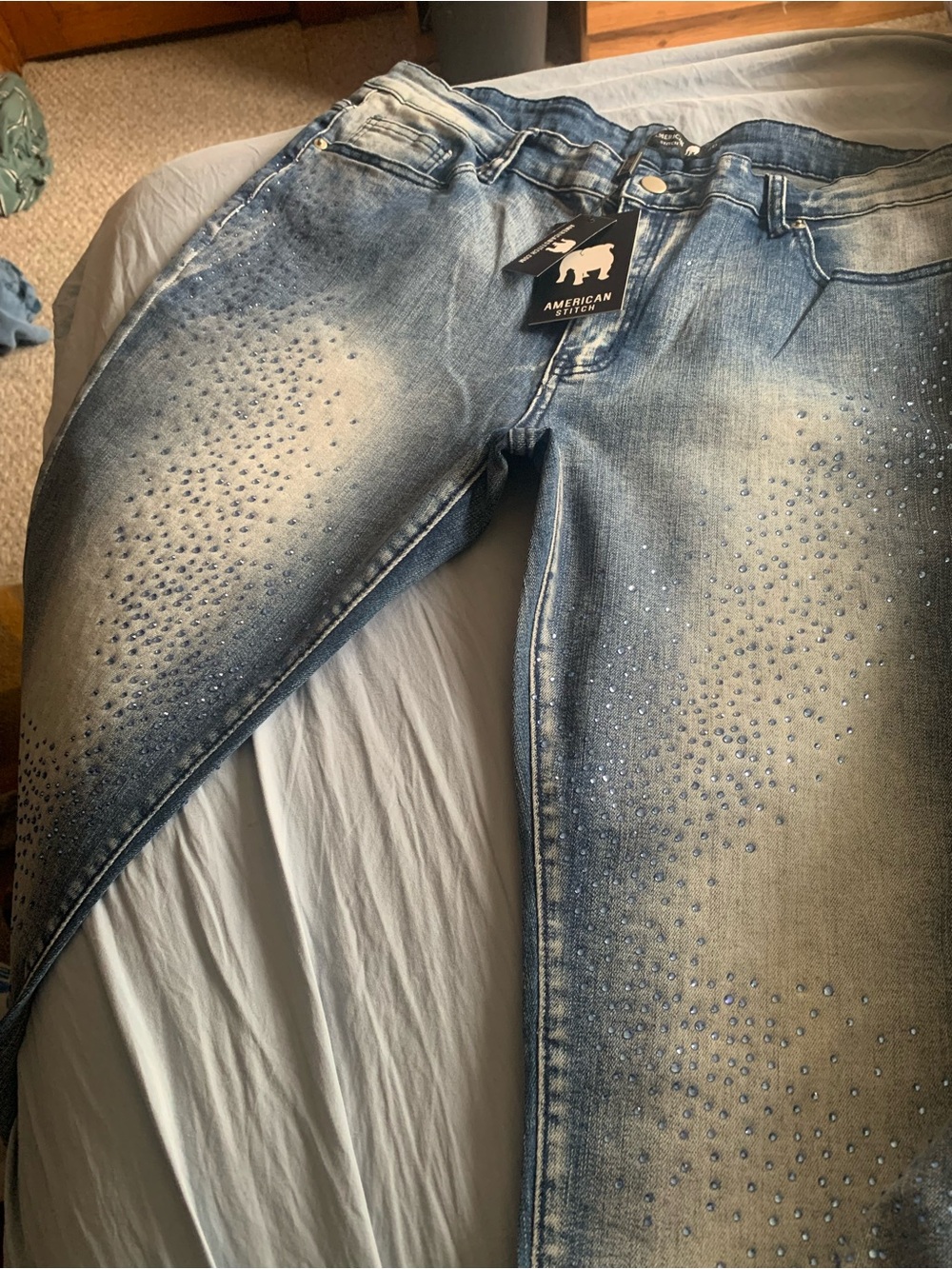 American Stitch Men's Light Blue Skinny Jeans with Crystal Stud Detailing